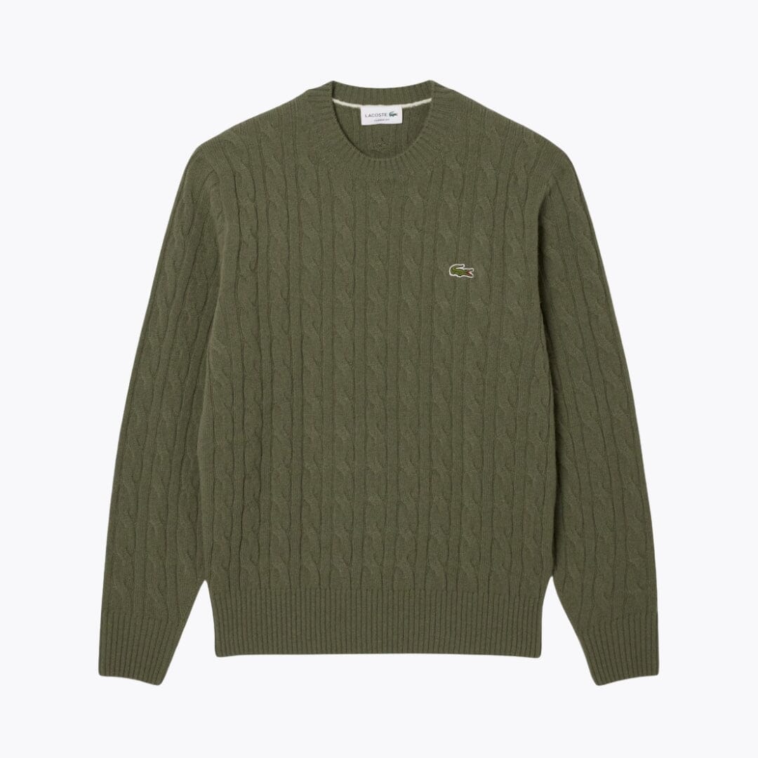 LC Camisola de lã cardada de malha entrançada e gola redonda