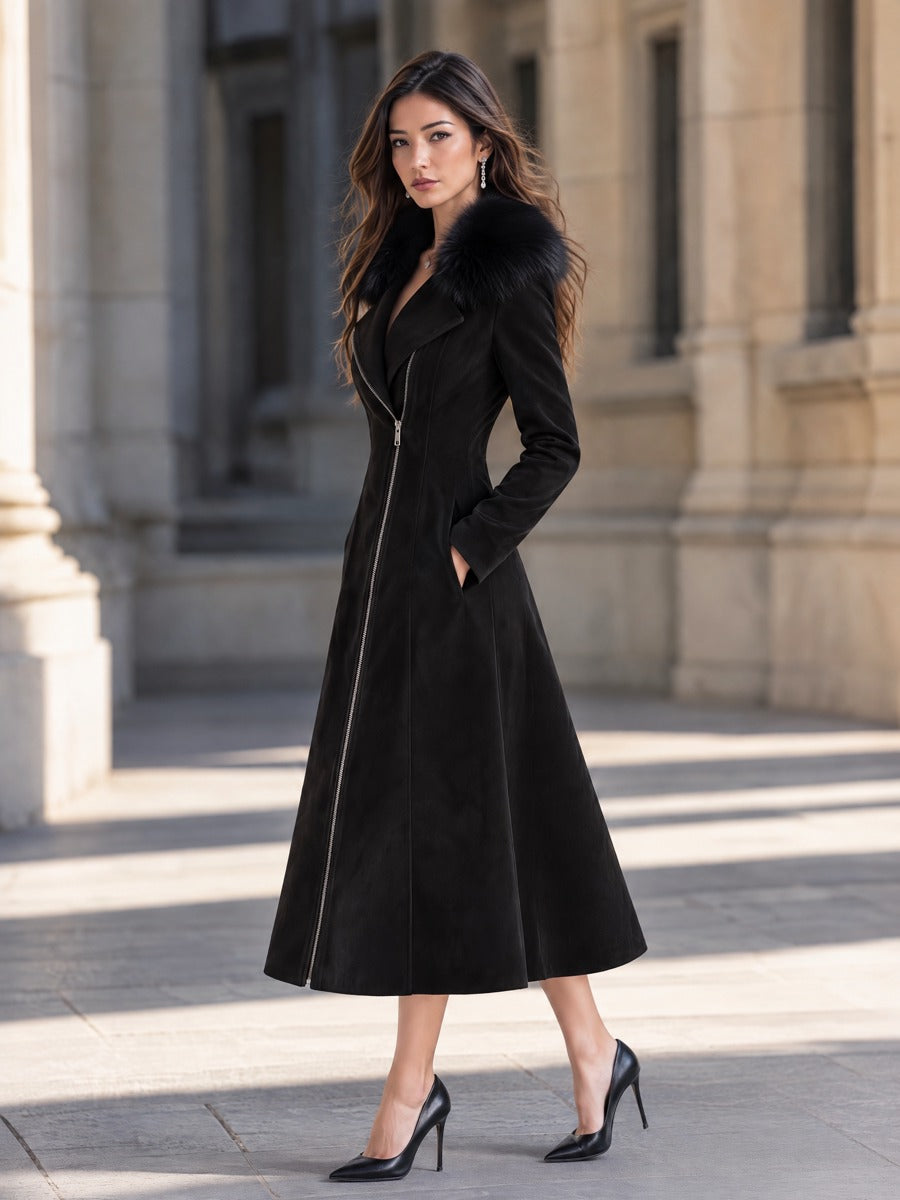 Zafren Black Faux Fur Collar Coat