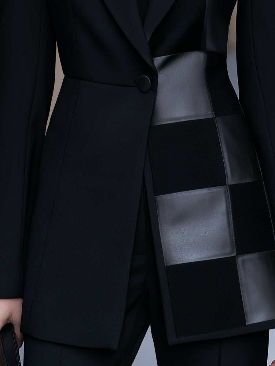 Zafren Black Faux Leather Patchwork Blazer