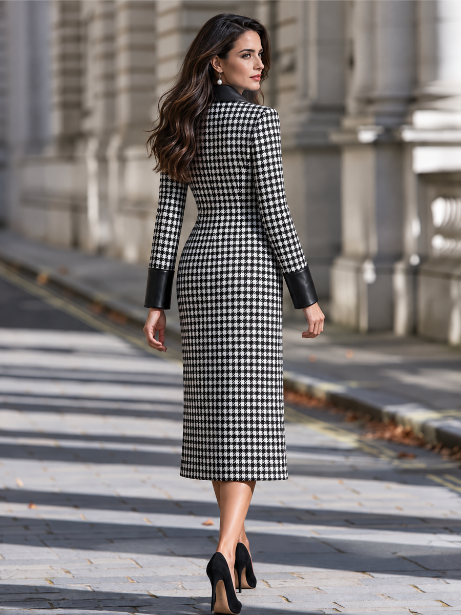 Zafren Black Houndstooth Leather Lapel Coat