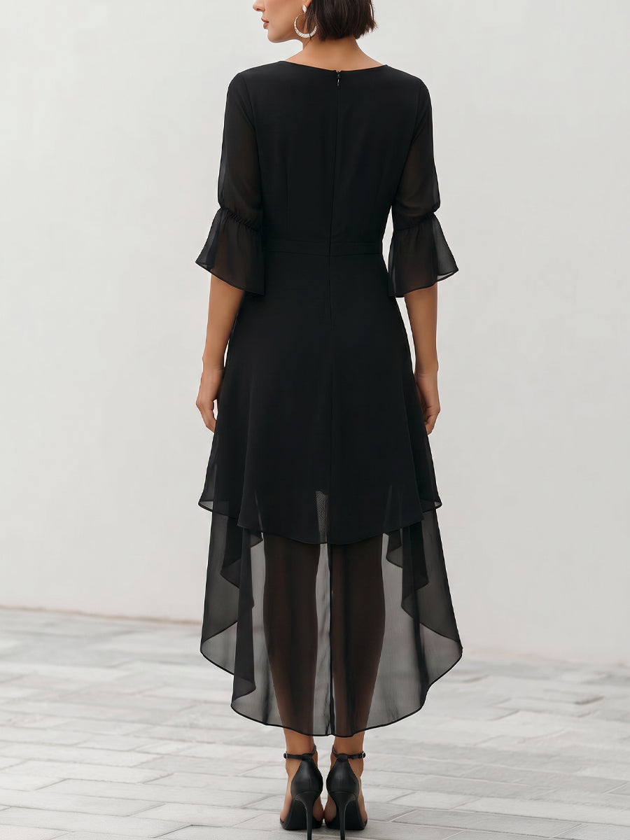 Zafren zwarte chiffonjurk met laagjes en asymmetrische zoom