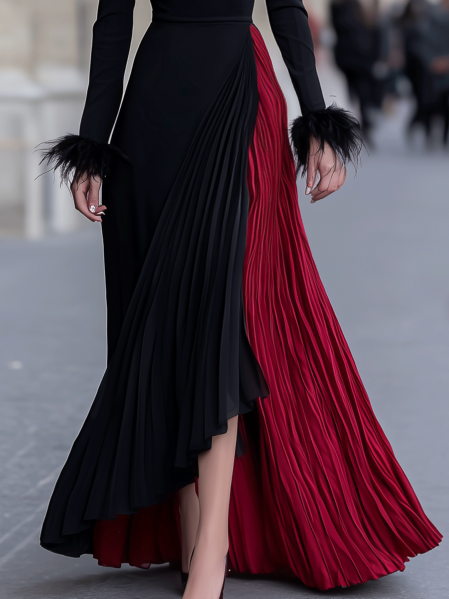 Zafren Black Red Pleated Feather Gown