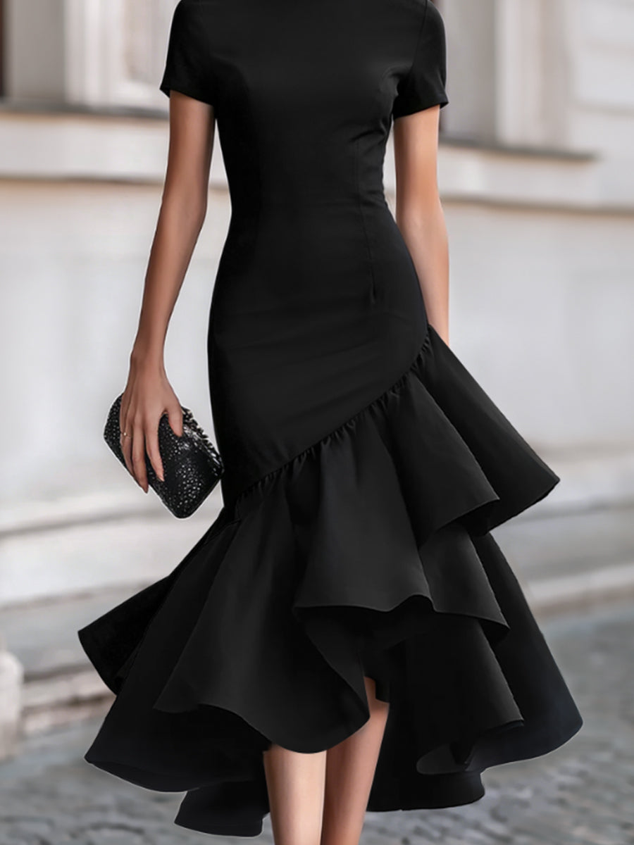 Vestido midi preto com bainha com folhos Zafren