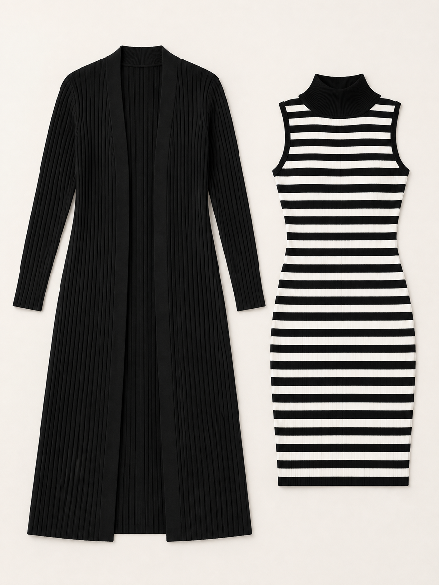 Zafren Black Striped Dress Cardigan Set