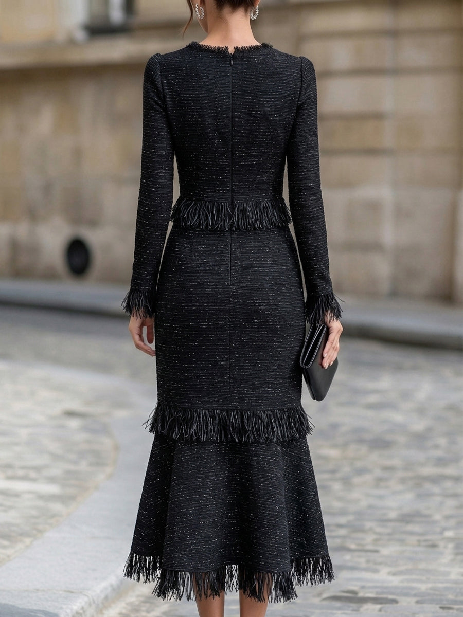 Zafren Schwarzes Tweed-Midi-Kleid mit Fransen