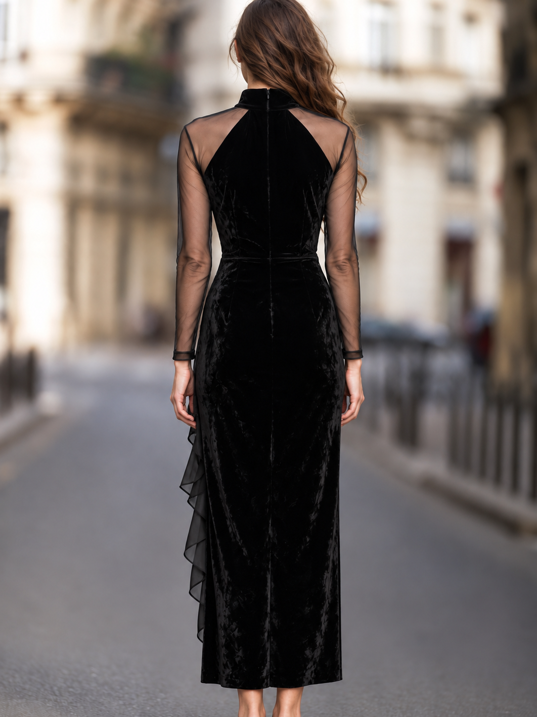 Vestido negro de terciopelo con mangas transparentes Zafren
