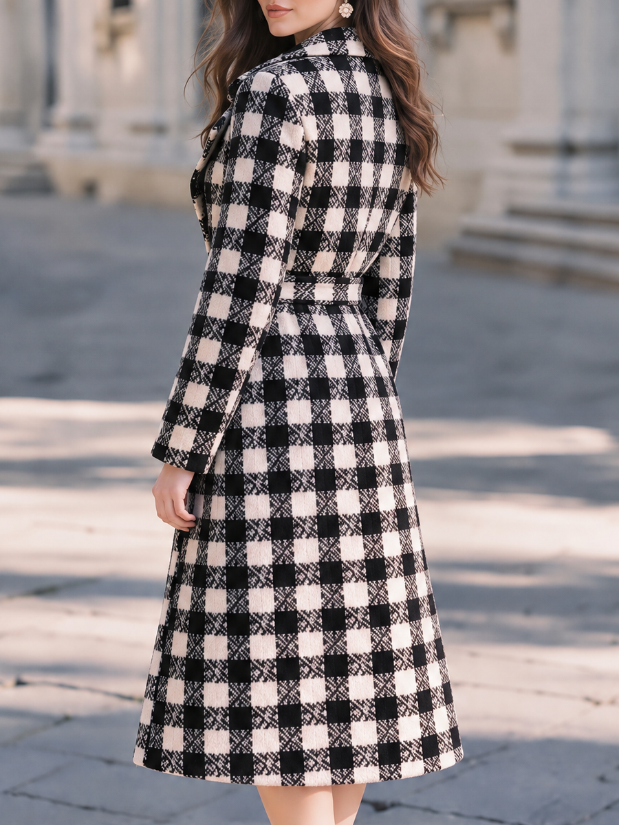 Palton Zafren alb-negru cu model gingham și cordon