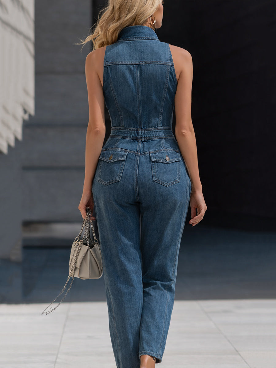 Zafren blauwe denim halterjumpsuit met ritssluiting aan de voorkant