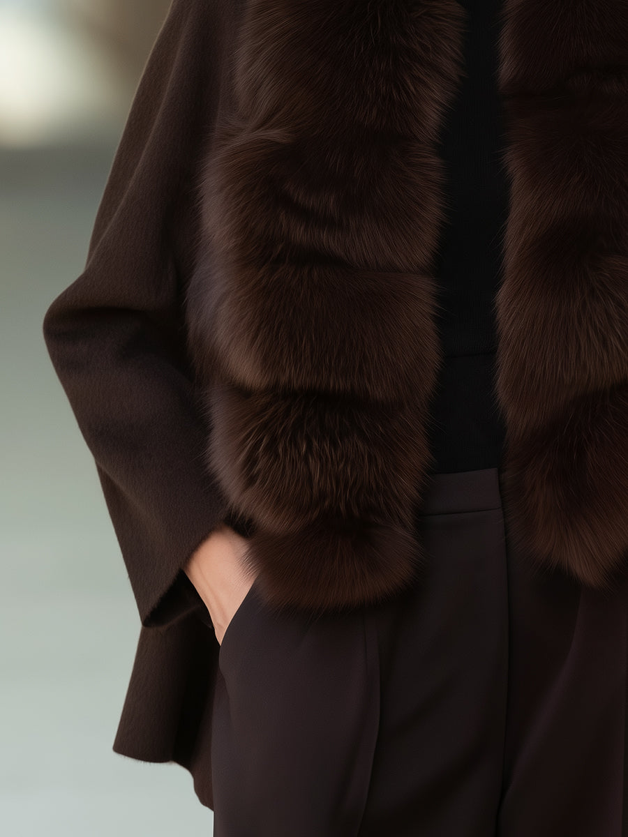 Manteau en laine marron Zafren avec col en fourrure