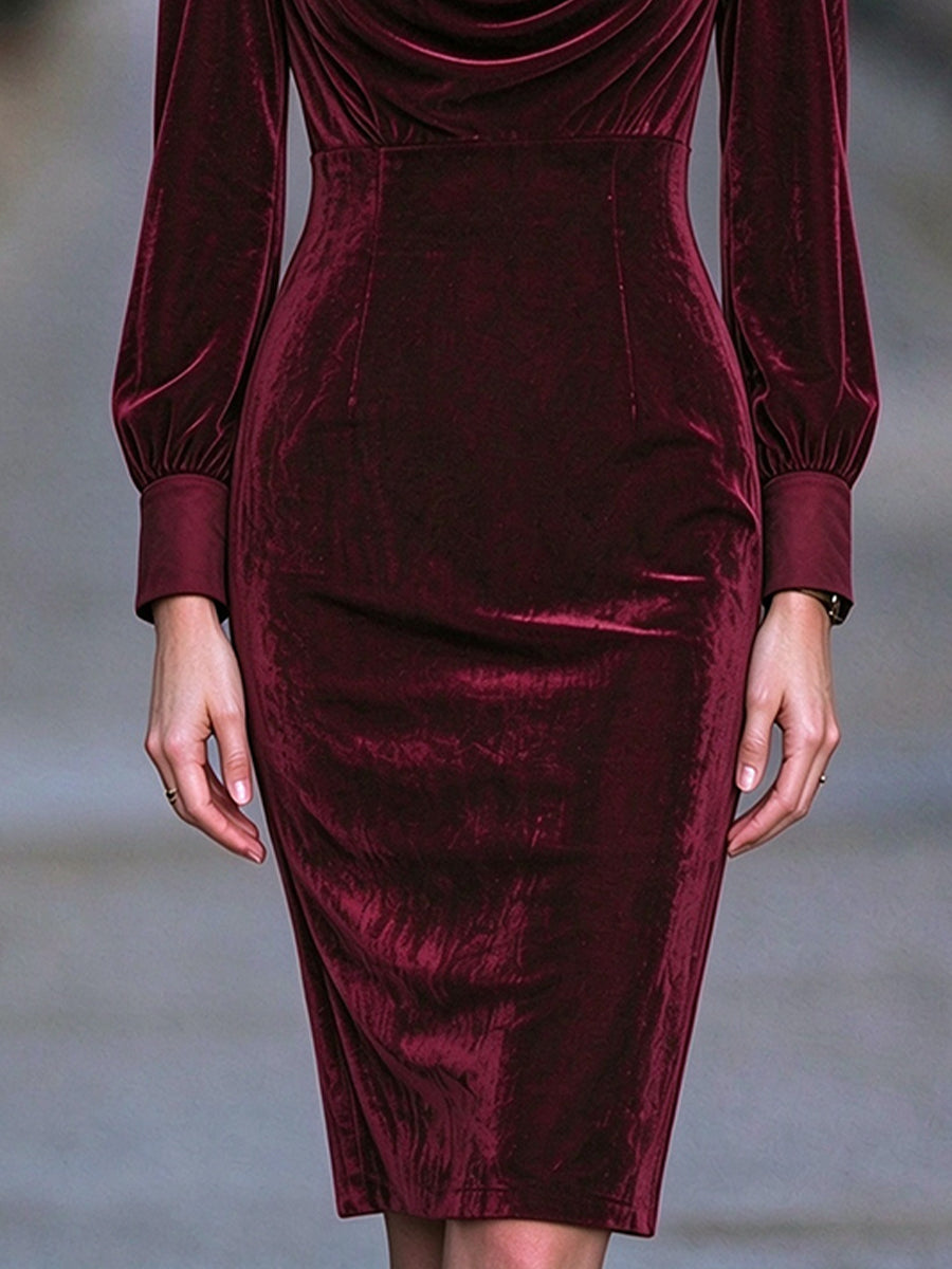 Zafren Burgundy Velvet Lace Cowl Dress