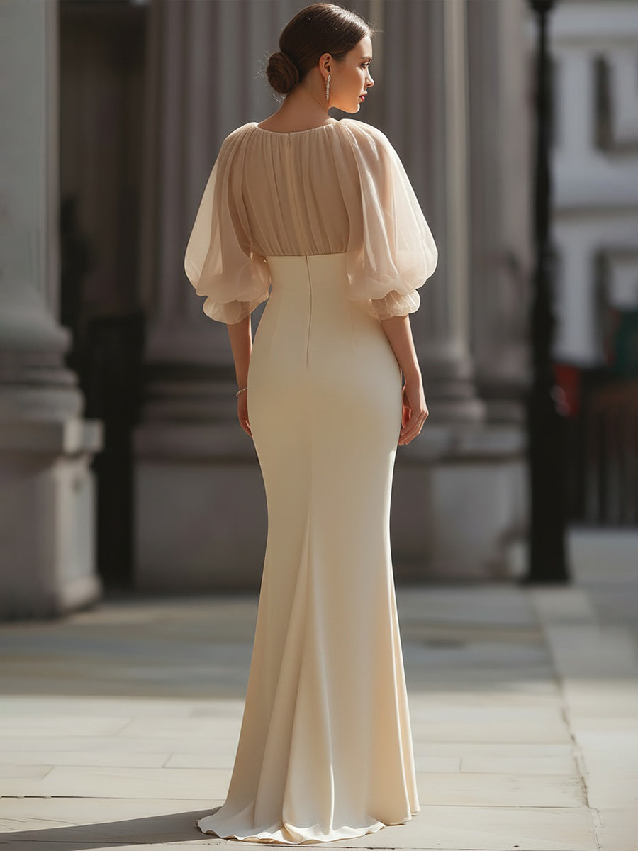 Vestido de gala Zafren color crema con mangas transparentes y corte sirena