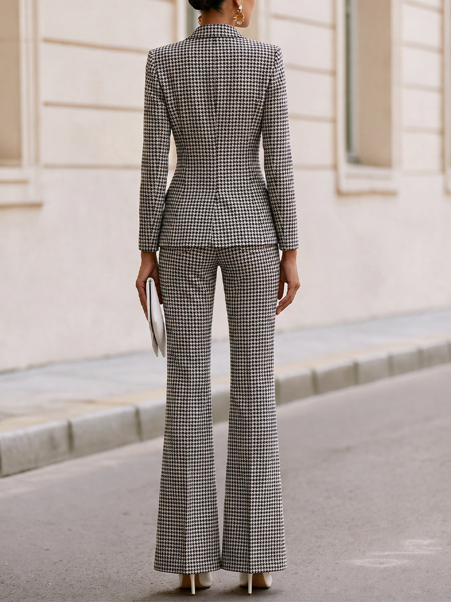 Zafren Gray Houndstooth Flared Pant Suit