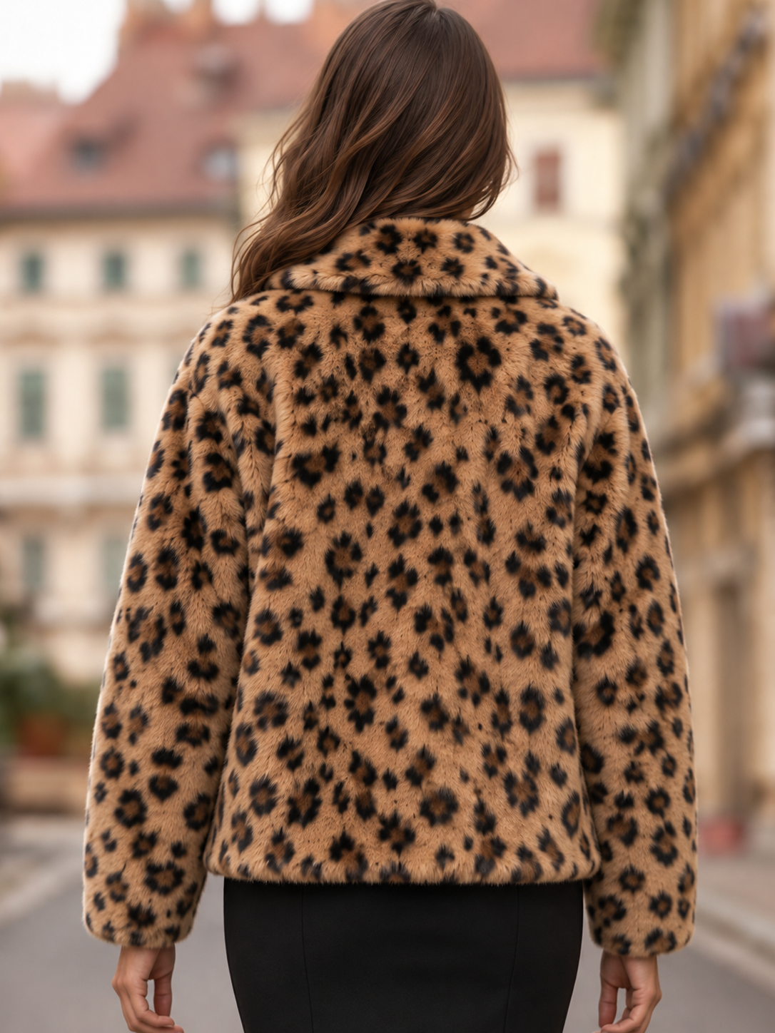 Zafren leopardo rašto dirbtinio kailio striukė