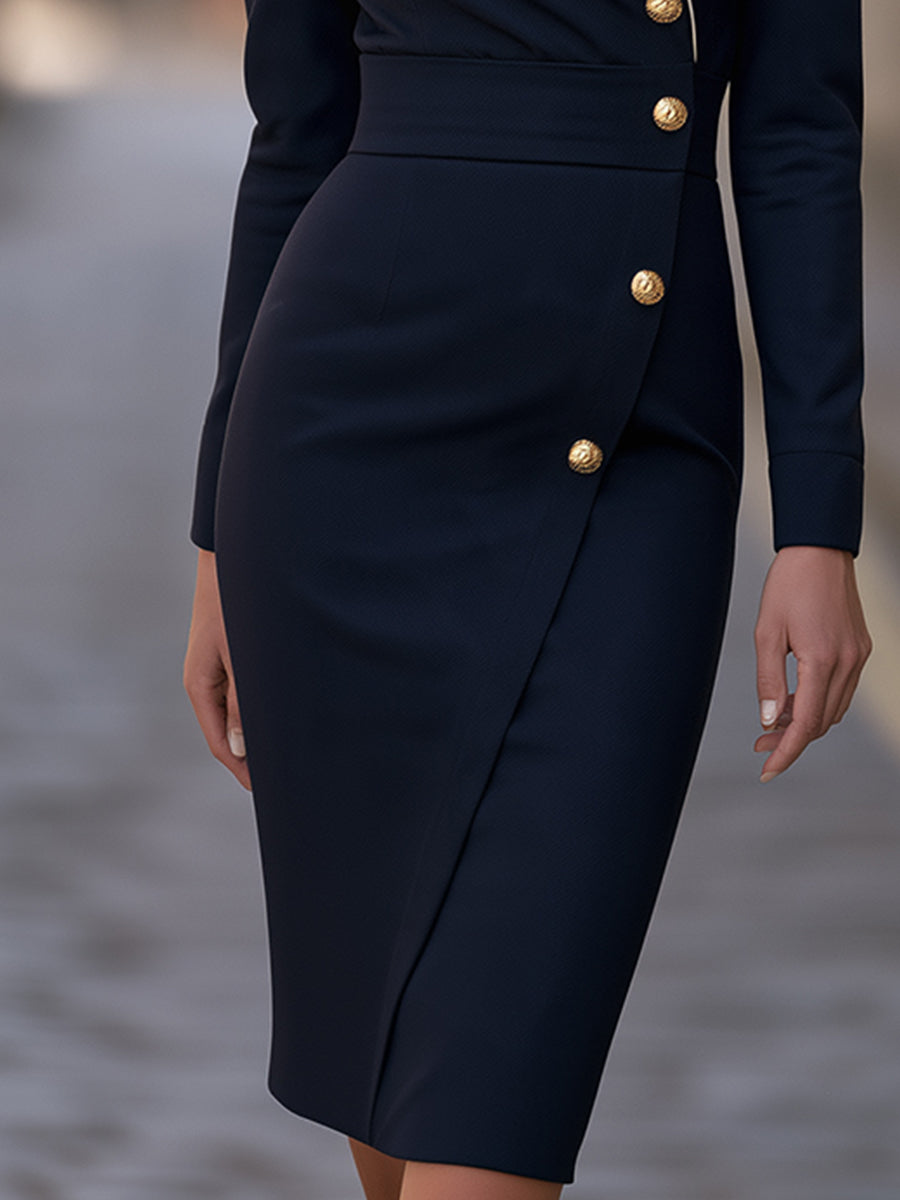 Zafren Navy Asymmetric Lapel Sheath Dress