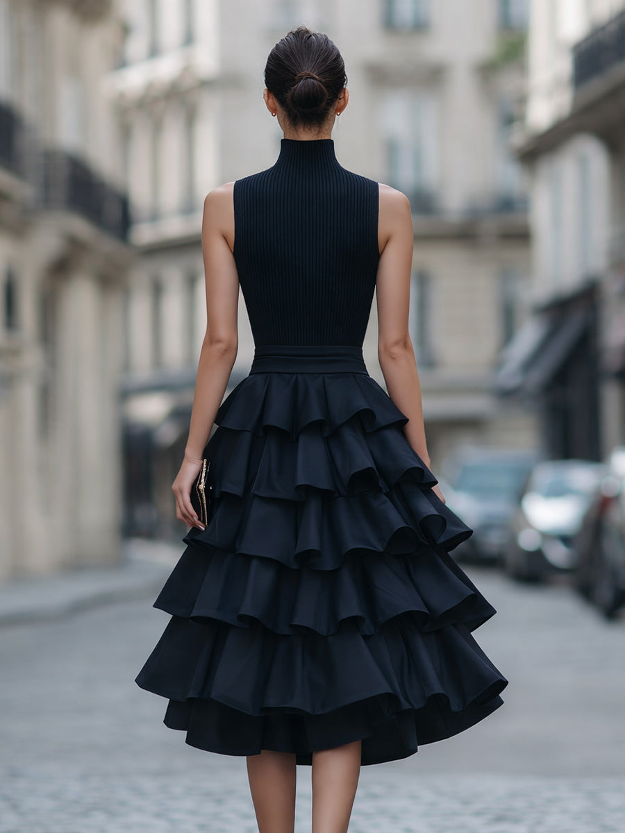 Zafren Navy Tiered Ruffle Sleeveless Dress