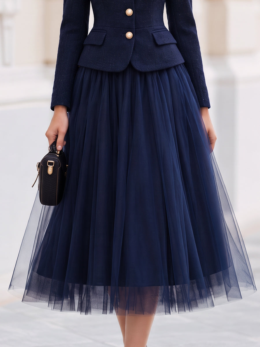 Completo gonna in tulle e tweed blu navy Zafren