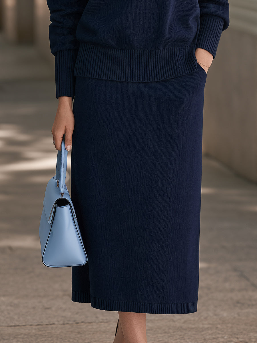Conjunto Zafren azul marino de punto con escote en V y falda