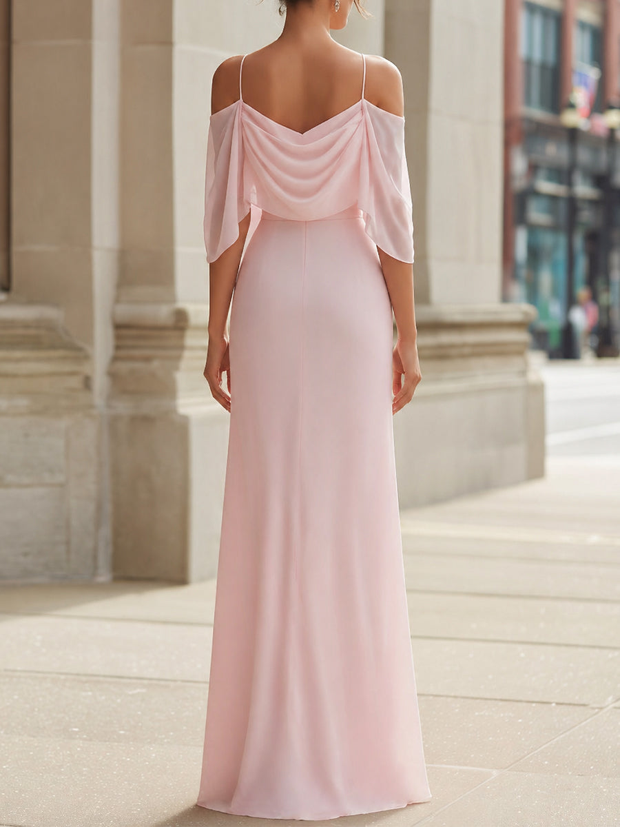 Zafren Pink Cold-Shoulder Draped Maxi Dress