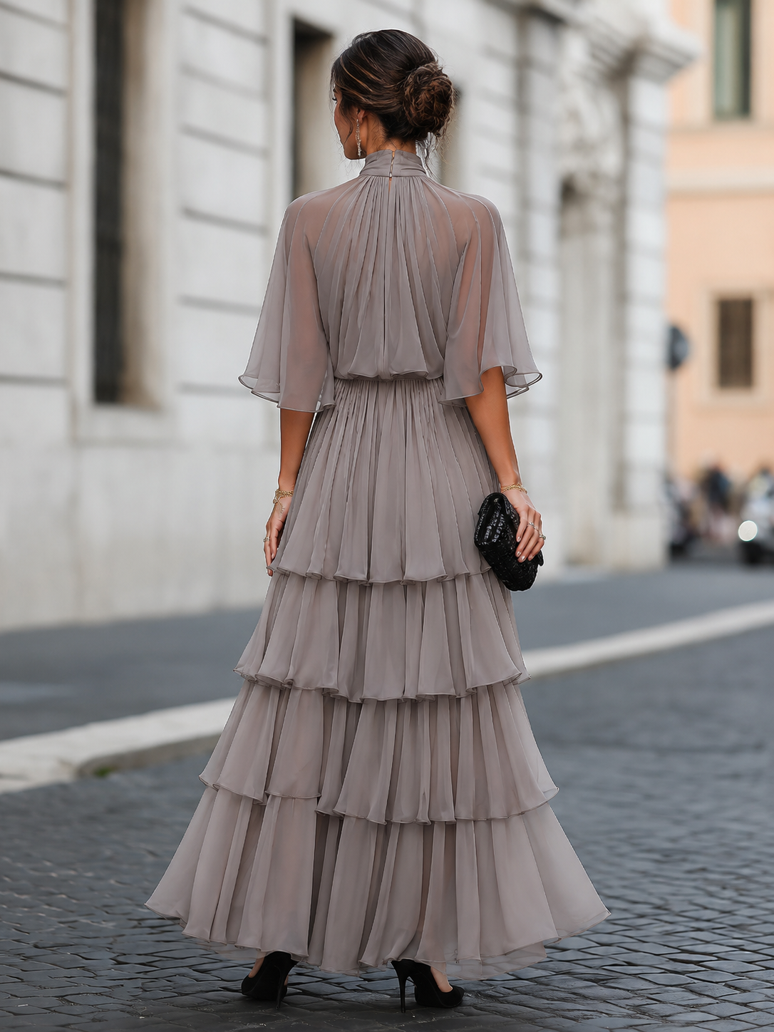 Zafren Taupe Tiered Cape Maxi Dress
