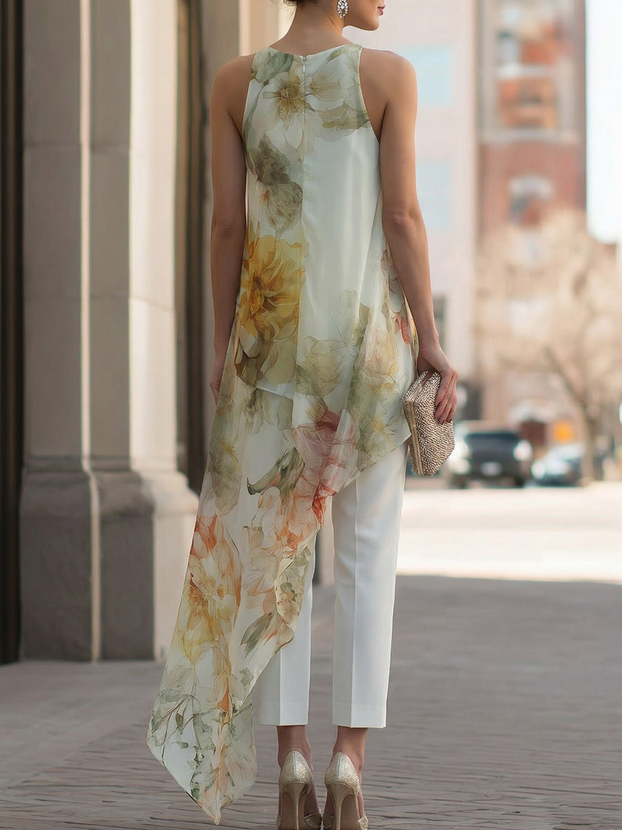 Zafren White Floral Overlay Pants Set