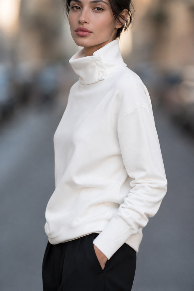 Zafren White Funnel Neck Button Sweater