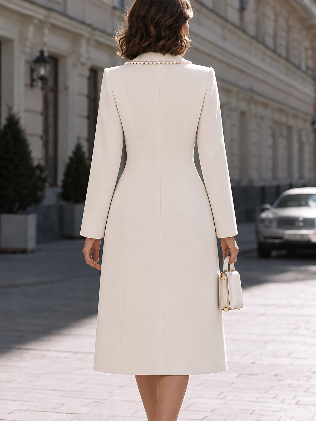 Zafren White Pearl-Trim Coat Dress Set