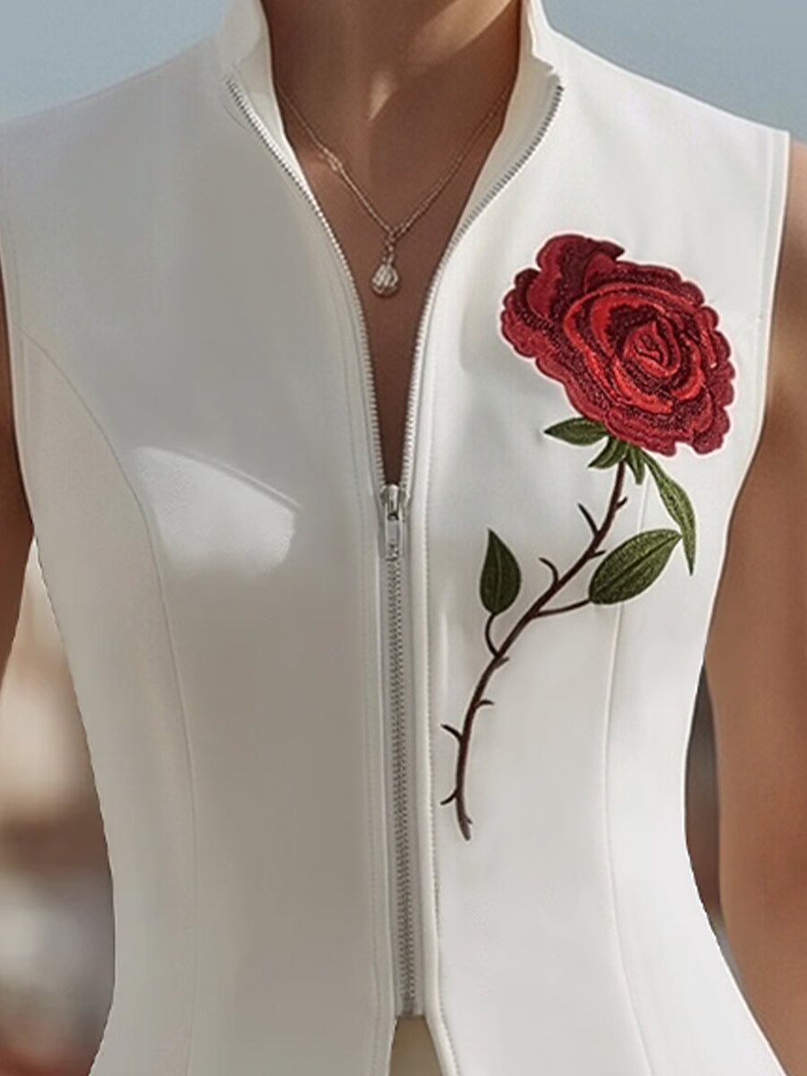 Gilet zippé Zafren blanc brodé de roses