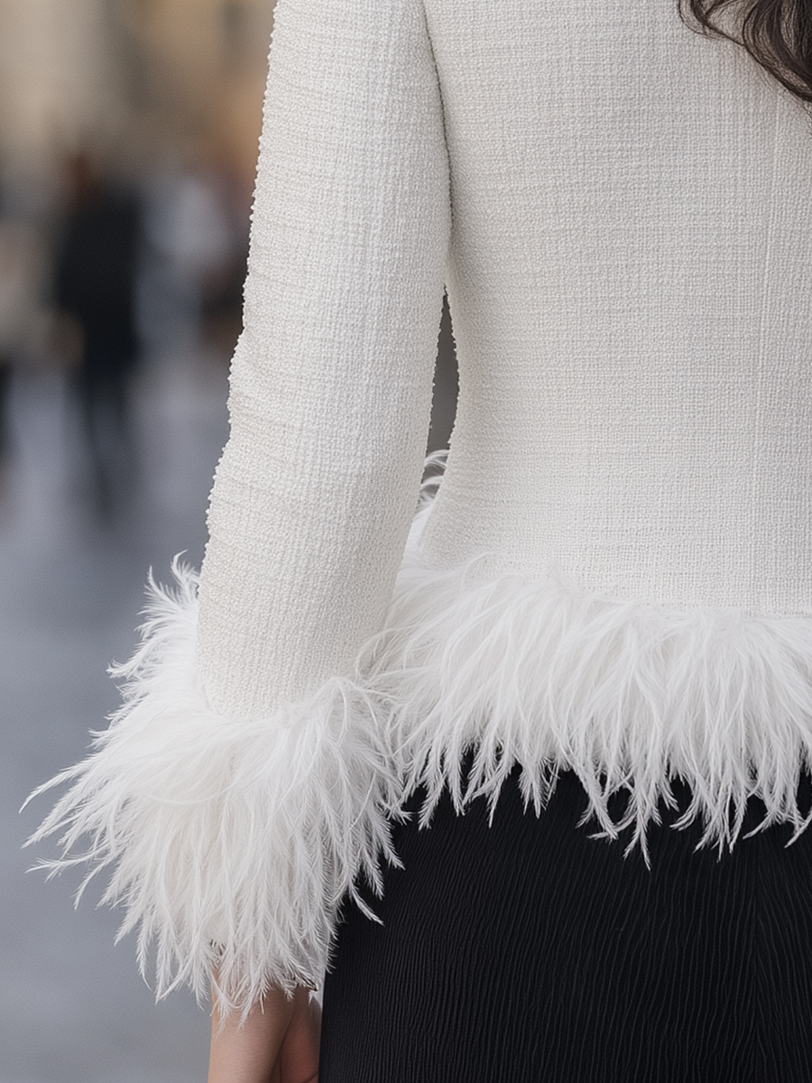 Veste Zafren blanche en tweed à bordure de plumes
