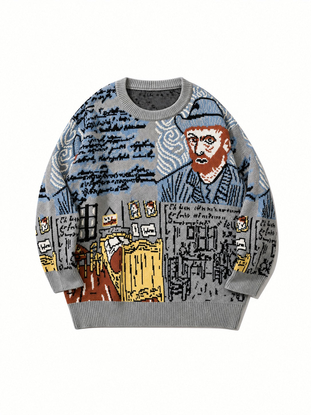 Pullover mit Rundhalsausschnitt und Jacquard-Porträtmotiv