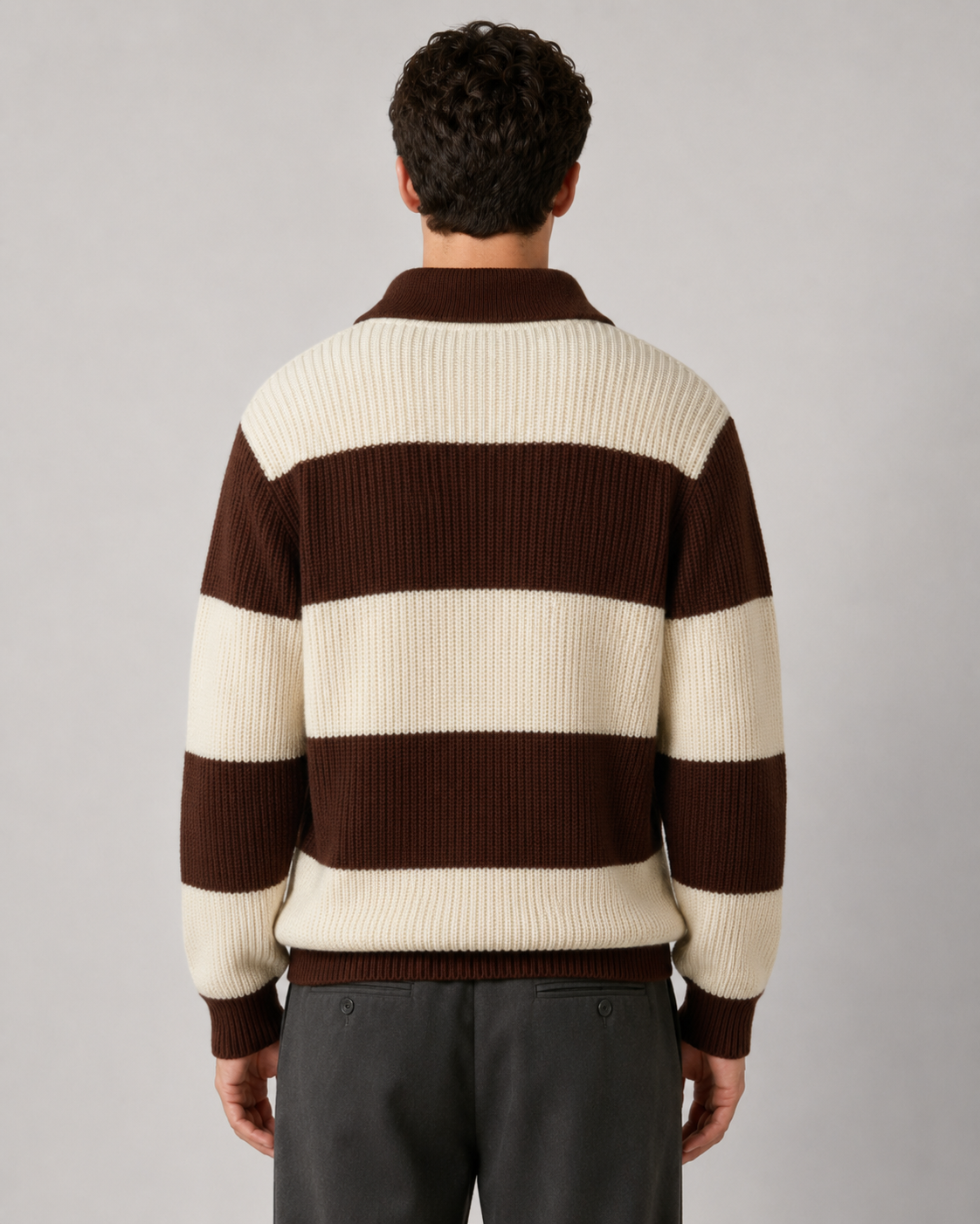 Męski prążkowany dzianinowy sweter polo w paski, czekoladowy brąz
