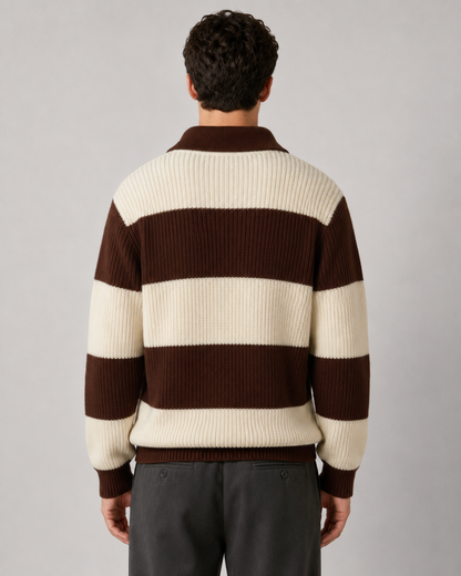 Męski prążkowany dzianinowy sweter polo w paski, czekoladowy brąz