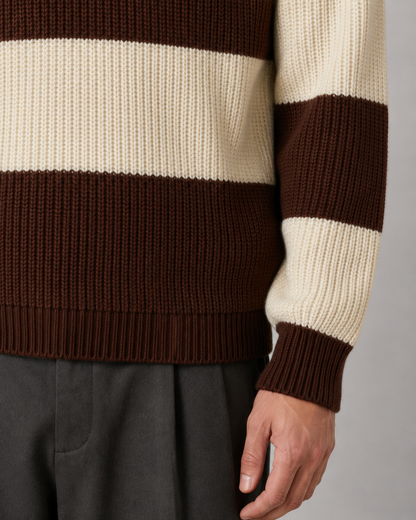 Męski prążkowany dzianinowy sweter polo w paski, czekoladowy brąz
