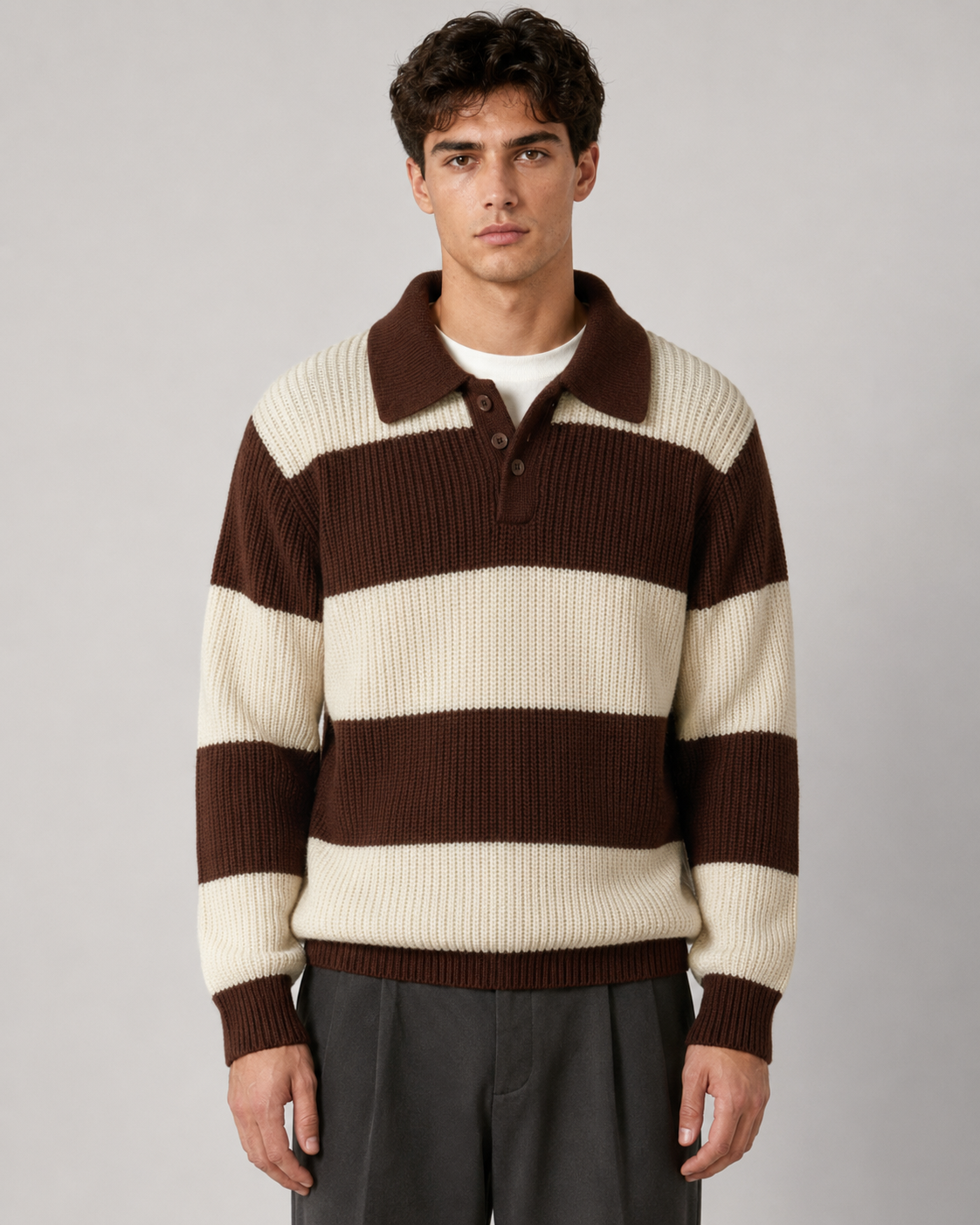 Męski prążkowany dzianinowy sweter polo w paski, czekoladowy brąz
