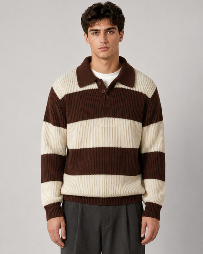 Męski prążkowany dzianinowy sweter polo w paski, czekoladowy brąz