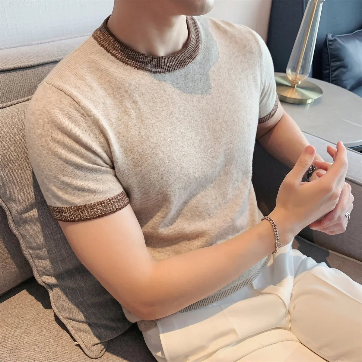 メンズリヨセルリネンニットクルーネックTシャツ 通気性