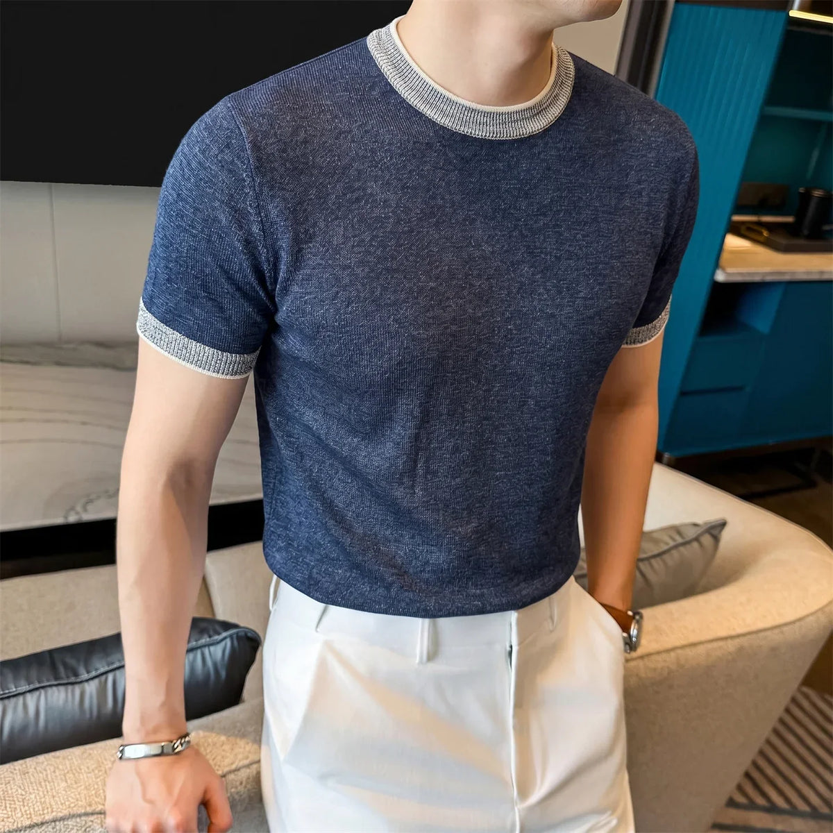 メンズリヨセルリネンニットクルーネックTシャツ 通気性