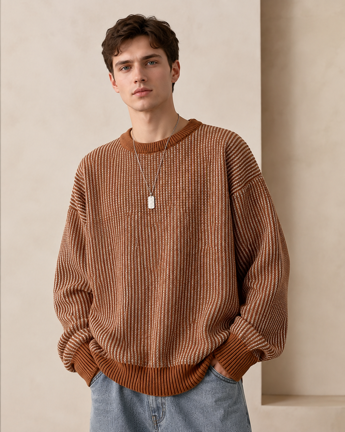 Teksturowany sweter z dzianiny w paski z okrągłym dekoltem