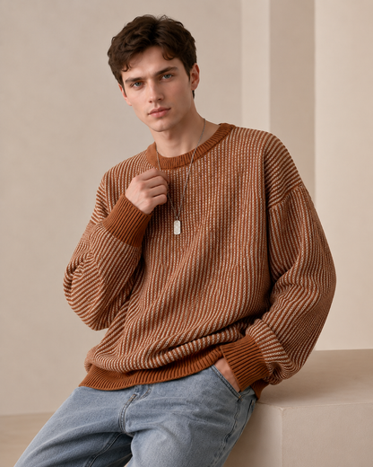 Teksturowany sweter z dzianiny w paski z okrągłym dekoltem