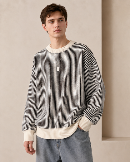 Teksturowany sweter z dzianiny w paski z okrągłym dekoltem