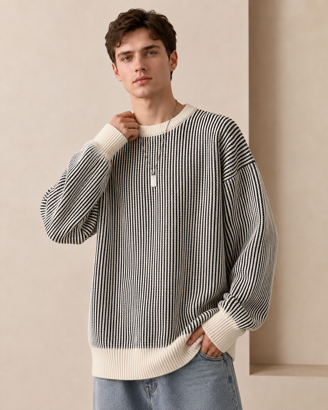 Teksturowany sweter z dzianiny w paski z okrągłym dekoltem