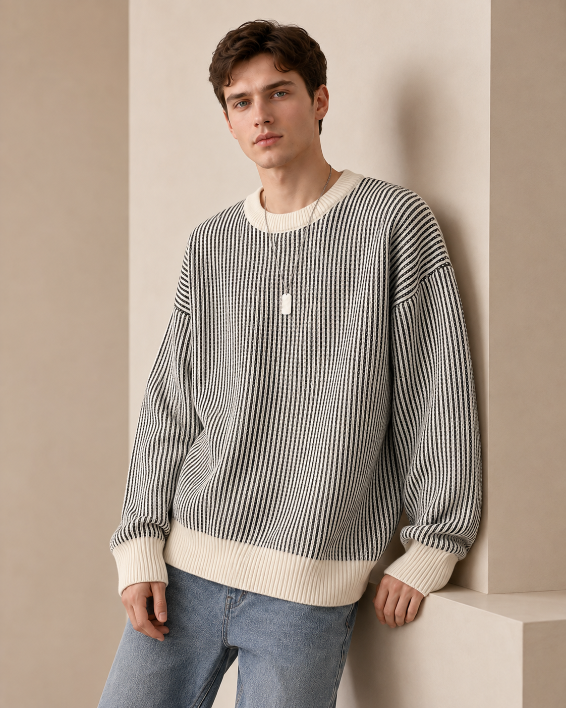Teksturowany sweter z dzianiny w paski z okrągłym dekoltem