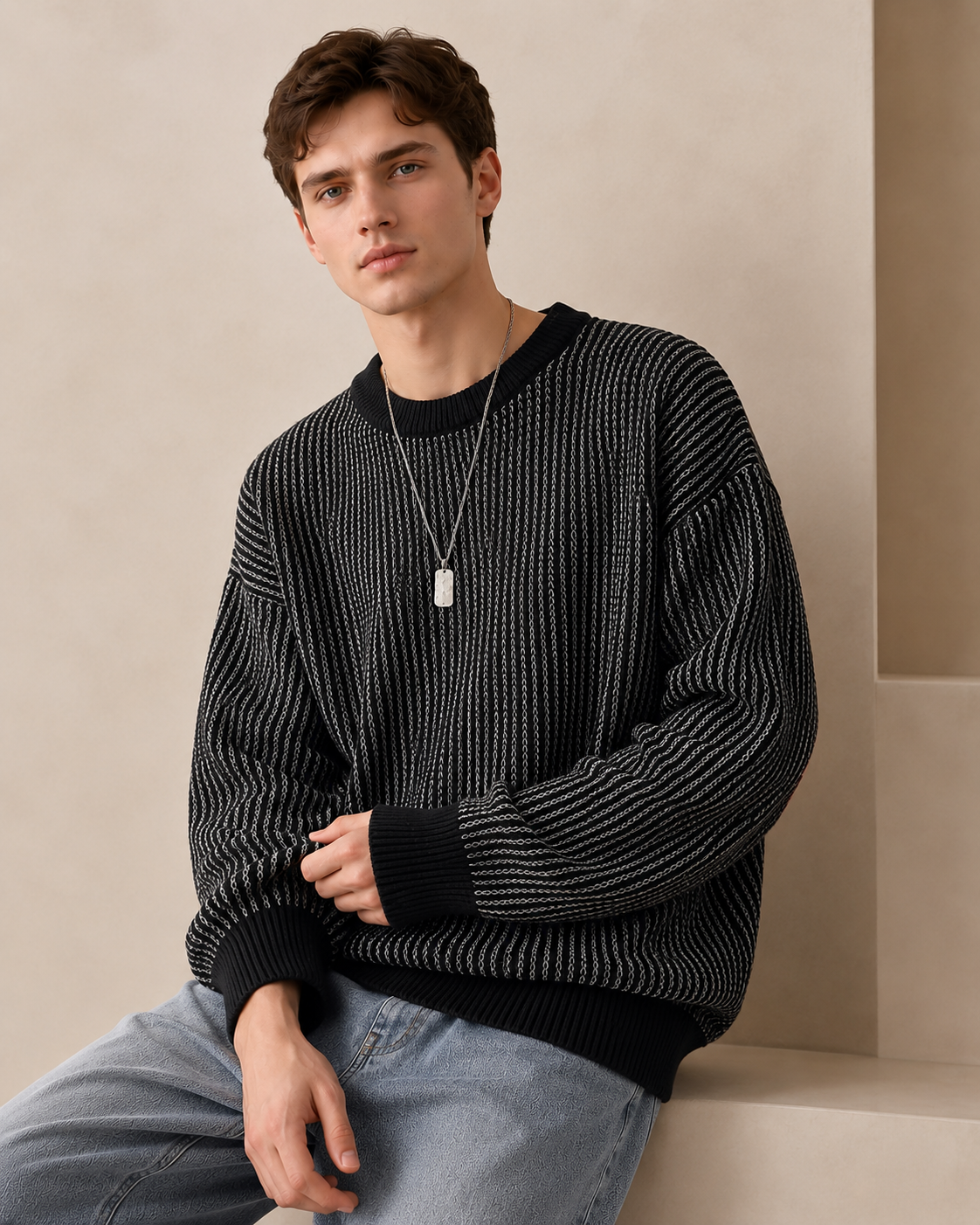Teksturowany sweter z dzianiny w paski z okrągłym dekoltem