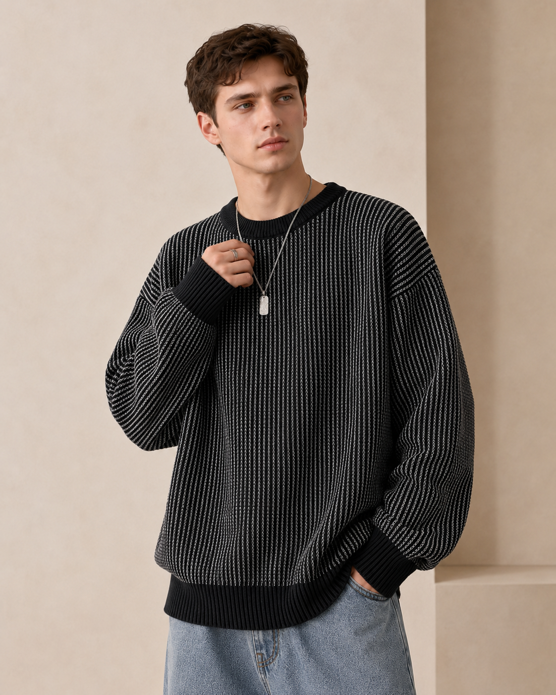 Teksturowany sweter z dzianiny w paski z okrągłym dekoltem