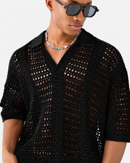 Polo de malha aberta com padrão entrelaçado