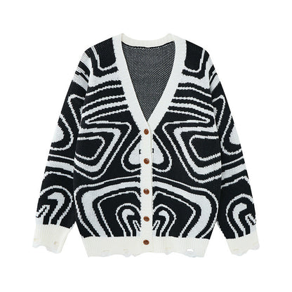 Unisex oversize pletený kardigán s abstraktným vírivým vzorom