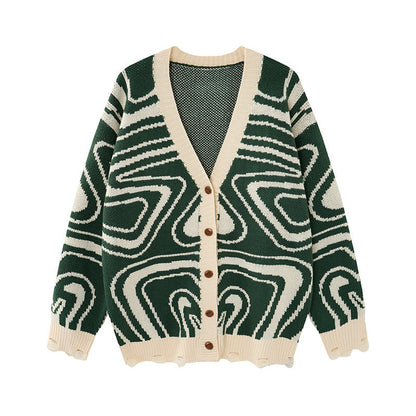 Unisex oversize pletený kardigán s abstraktným vírivým vzorom