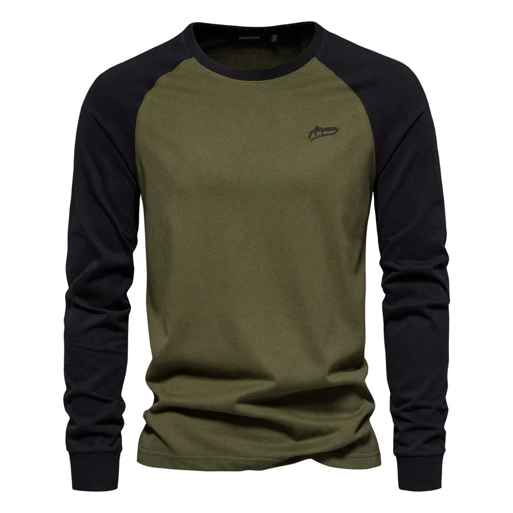 T-shirt da uomo Gio Rota a maniche lunghe con motivo patchwork - maglietta casual in cotone con scollo a O