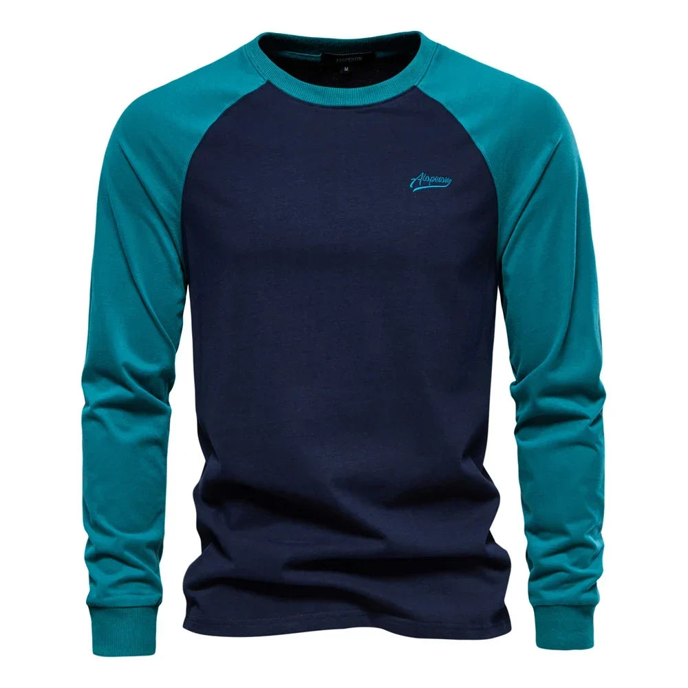 T-shirt da uomo Gio Rota a maniche lunghe con motivo patchwork - maglietta casual in cotone con scollo a O