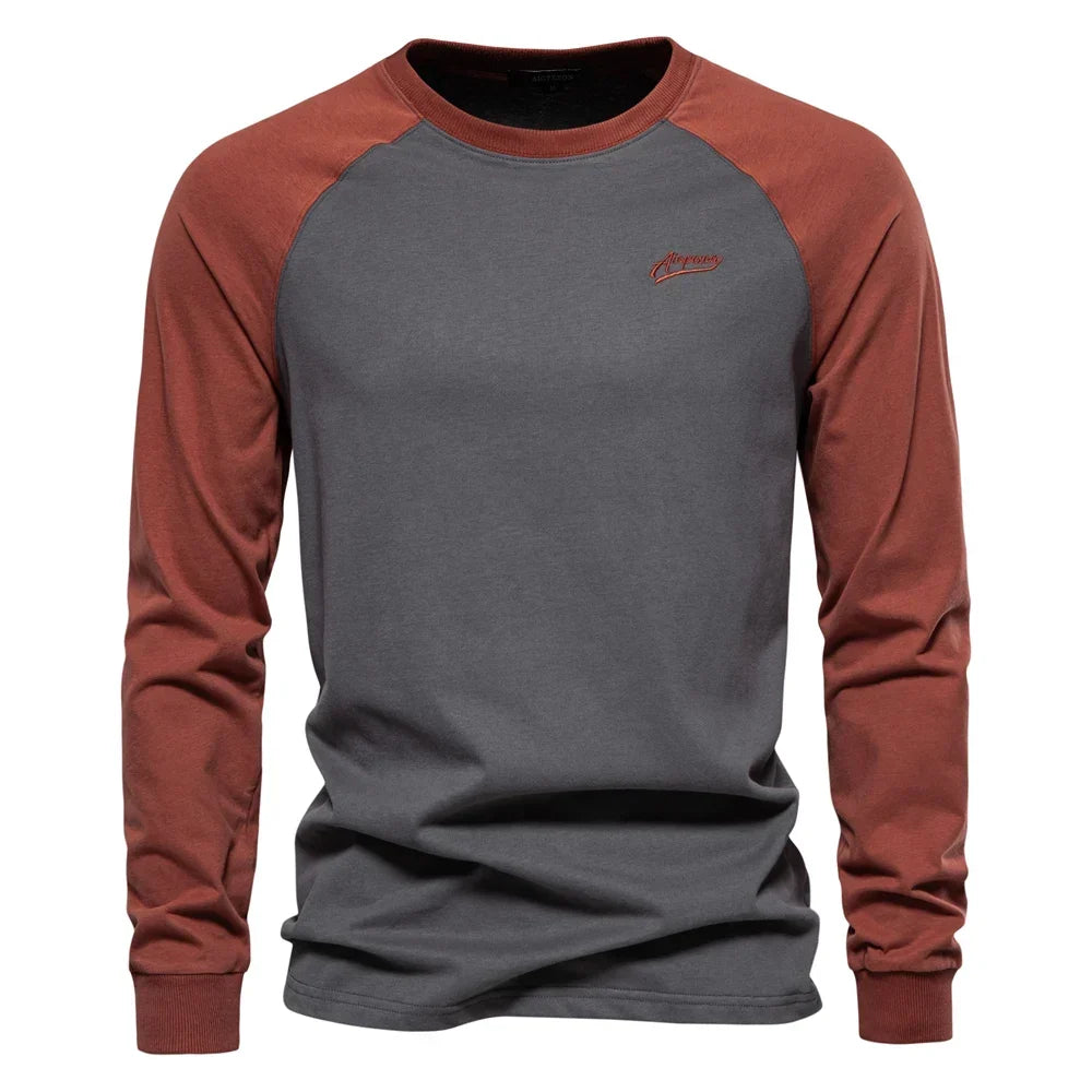 T-shirt da uomo Gio Rota a maniche lunghe con motivo patchwork - maglietta casual in cotone con scollo a O