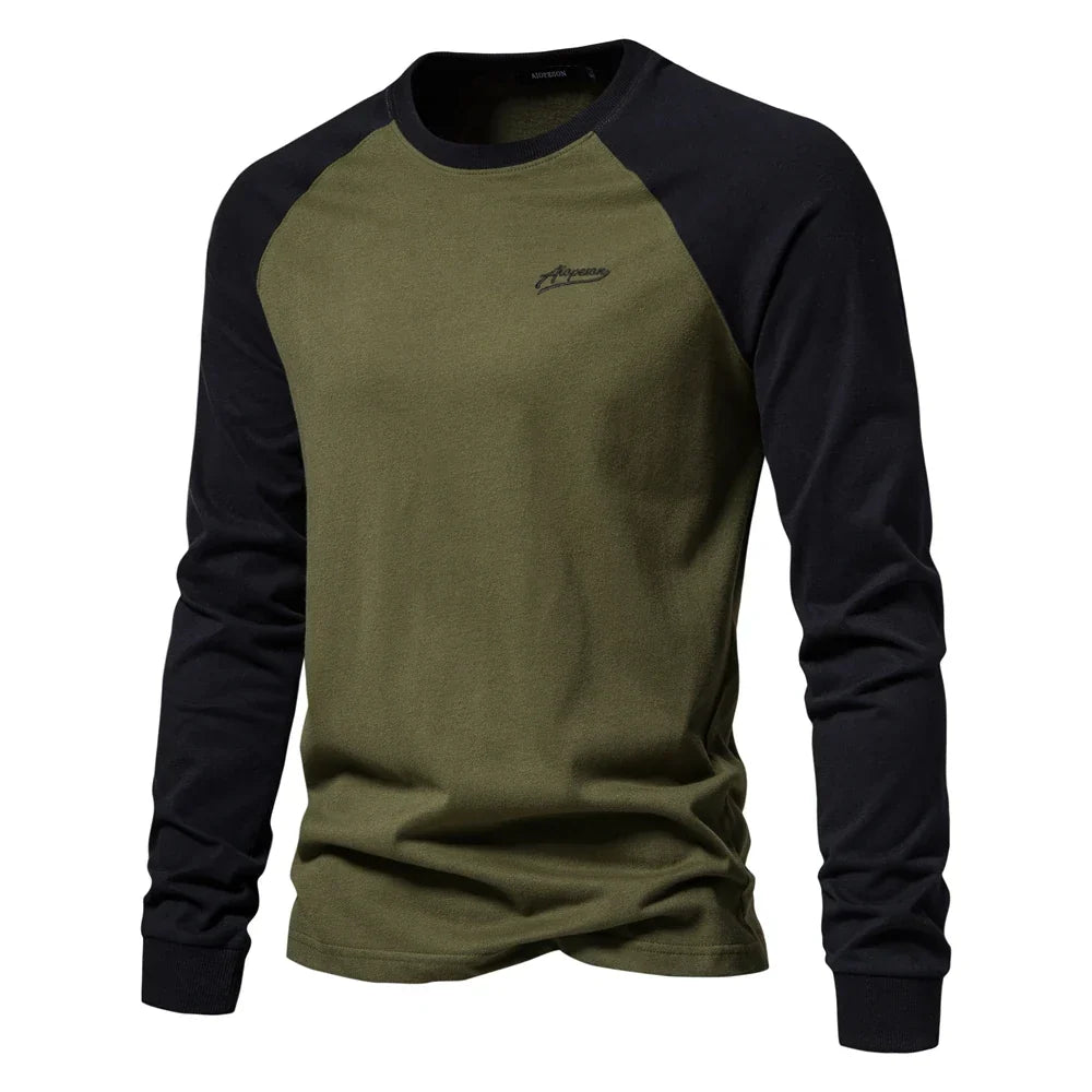 T-shirt da uomo Gio Rota a maniche lunghe con motivo patchwork - maglietta casual in cotone con scollo a O